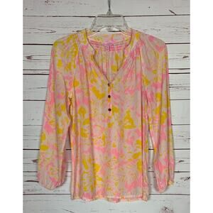 Lilly Pulitzer Women's XS Extra Small Pink Yellow 100% Silk Beautiful Top Blouse